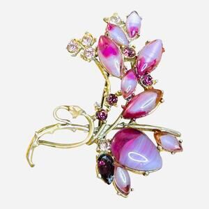 Vintage Exquisite Brand Purple Art Glass Floral Design Gold Tone Brooch